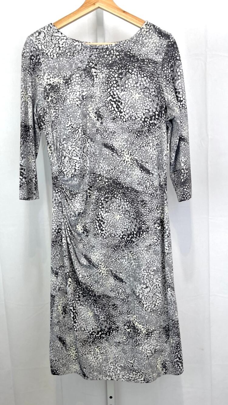 J. MCLAUGHLIN Printed Side Ruched Midi Dress 3/4 Sleeve Catalina Cloth Gray L